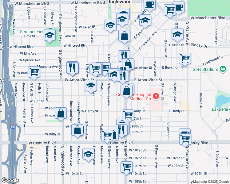 map of restaurants, bars, coffee shops, grocery stores, and more near 946 South Grevillea Avenue in Inglewood