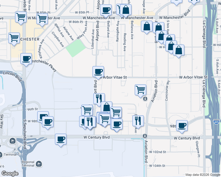 map of restaurants, bars, coffee shops, grocery stores, and more near 9400 Belford Avenue in Los Angeles