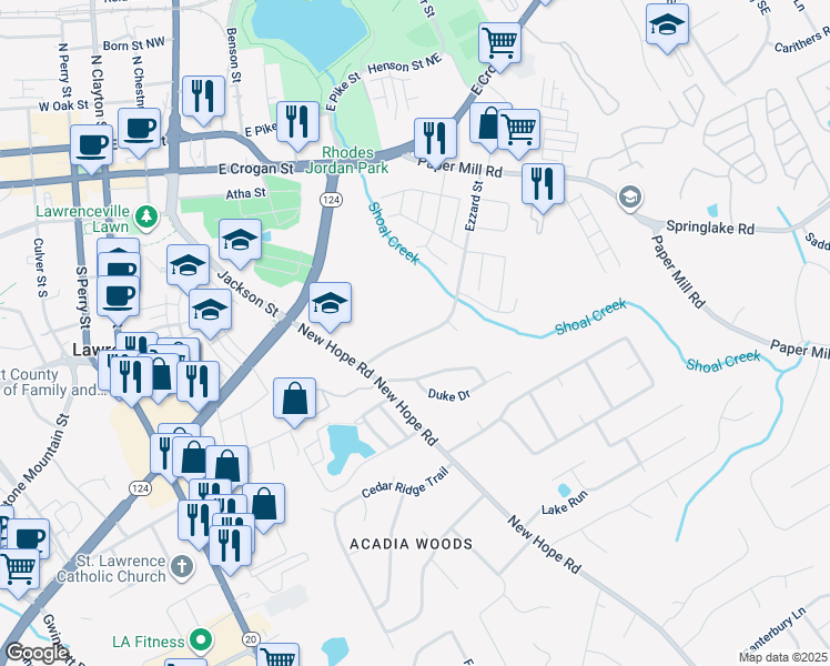 map of restaurants, bars, coffee shops, grocery stores, and more near 51 Ezzard Street in Lawrenceville