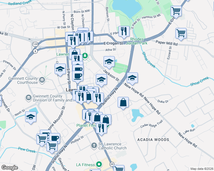 map of restaurants, bars, coffee shops, grocery stores, and more near 124 Green Street in Lawrenceville