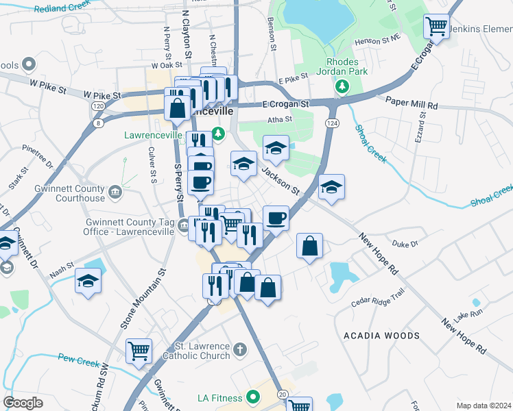 map of restaurants, bars, coffee shops, grocery stores, and more near in Lawrenceville