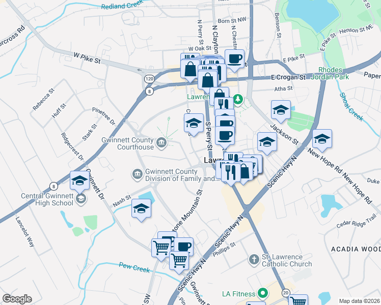 map of restaurants, bars, coffee shops, grocery stores, and more near 320 Culver Street South in Lawrenceville