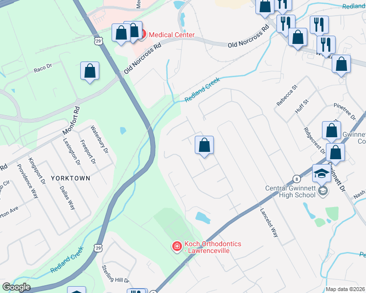 map of restaurants, bars, coffee shops, grocery stores, and more near 260 Redland Court in Lawrenceville