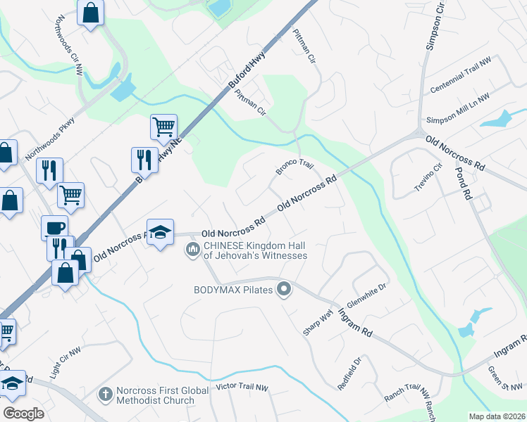 map of restaurants, bars, coffee shops, grocery stores, and more near 4957 Old Norcross Road in Duluth