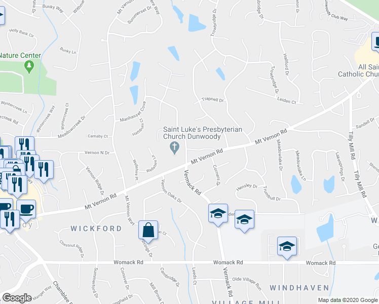 map of restaurants, bars, coffee shops, grocery stores, and more near 1980 Mount Vernon Road in Dunwoody
