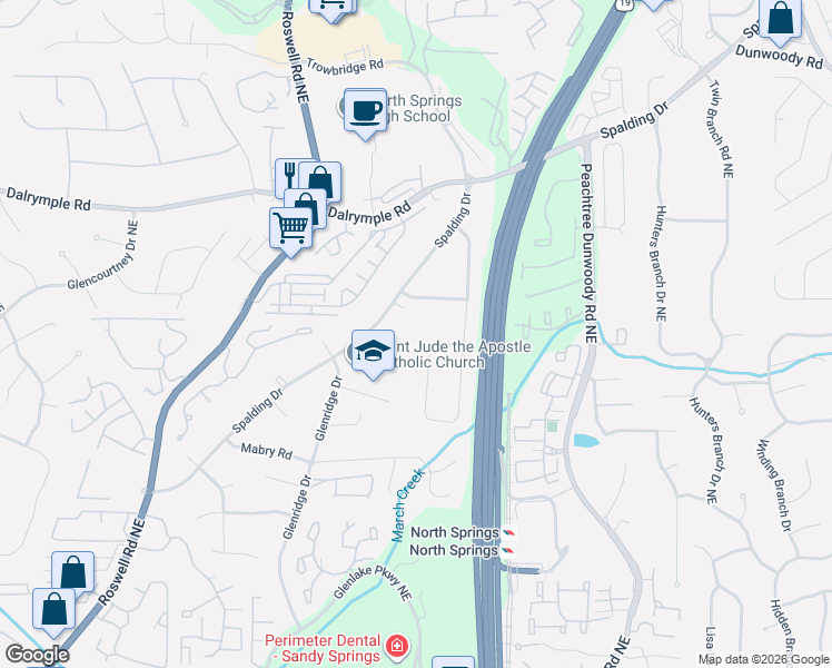 map of restaurants, bars, coffee shops, grocery stores, and more near 735 Spalding Drive in Atlanta