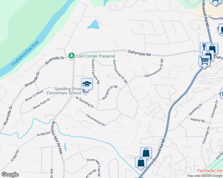 map of restaurants, bars, coffee shops, grocery stores, and more near 225 Abington Drive Northeast in Sandy Springs