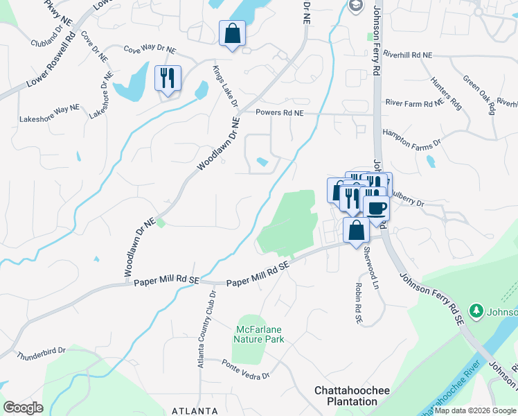 map of restaurants, bars, coffee shops, grocery stores, and more near 4645 Paper Mill Road Southeast in Marietta