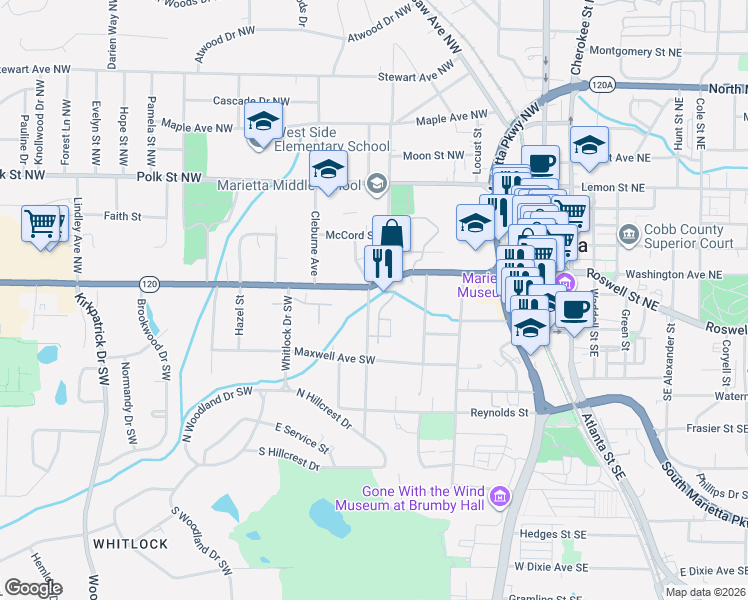 map of restaurants, bars, coffee shops, grocery stores, and more near 25 Northcutt Street Southwest in Marietta