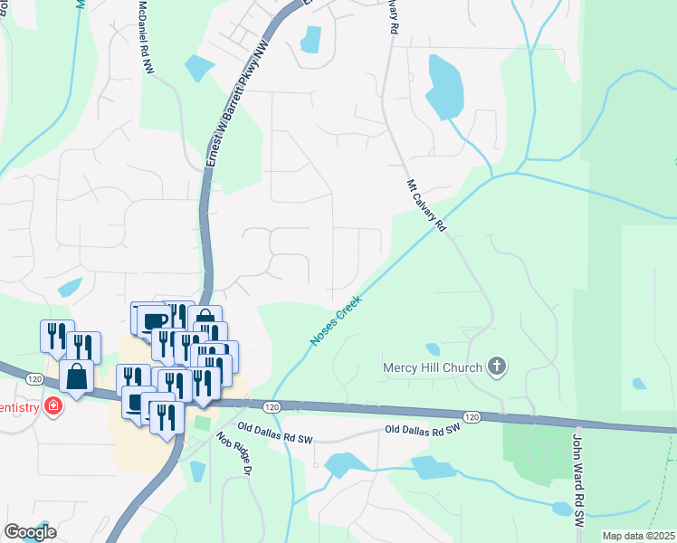 map of restaurants, bars, coffee shops, grocery stores, and more near 76 Noses Creek Road in Marietta
