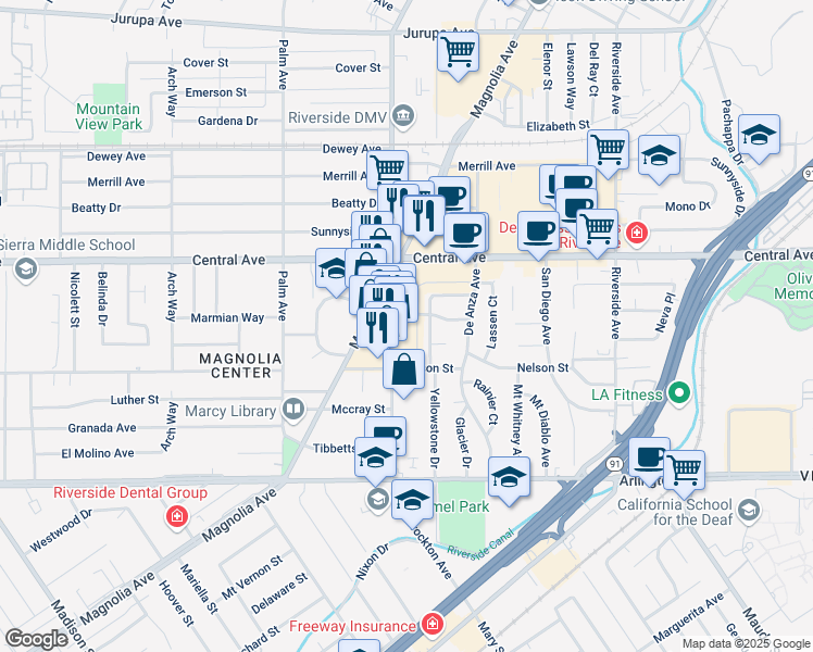 map of restaurants, bars, coffee shops, grocery stores, and more near 6714 Brockton Avenue in Riverside