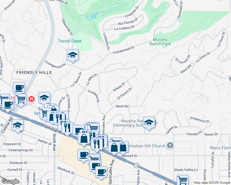 map of restaurants, bars, coffee shops, grocery stores, and more near 15776 Arbela Drive in Whittier