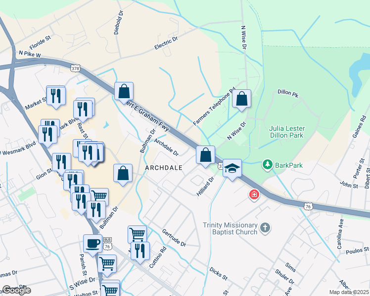 map of restaurants, bars, coffee shops, grocery stores, and more near 655 Archdale Drive in Sumter