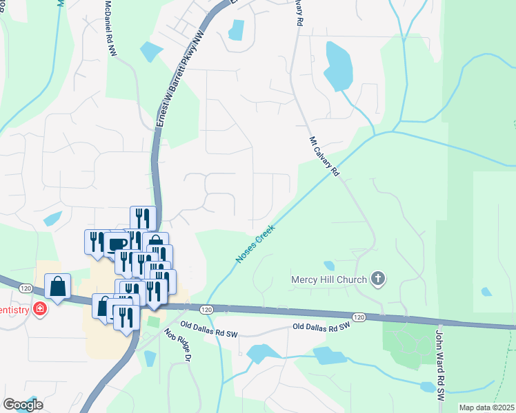 map of restaurants, bars, coffee shops, grocery stores, and more near 76 Noses Creek Road in Marietta