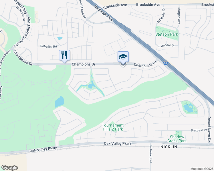 map of restaurants, bars, coffee shops, grocery stores, and more near 36442 Torrey Pines Drive in Beaumont
