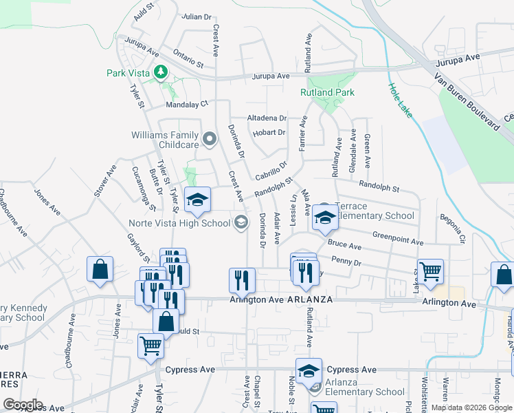 map of restaurants, bars, coffee shops, grocery stores, and more near 6666 Crest Avenue in Riverside