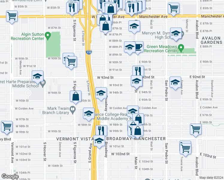 map of restaurants, bars, coffee shops, grocery stores, and more near 217 West 94th Street in Los Angeles
