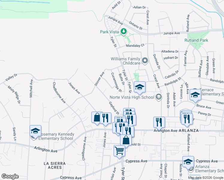 map of restaurants, bars, coffee shops, grocery stores, and more near 10364 Novato Way in Riverside