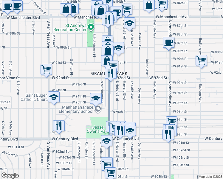 map of restaurants, bars, coffee shops, grocery stores, and more near 1754 West 94th Street in Los Angeles
