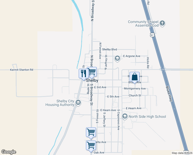 map of restaurants, bars, coffee shops, grocery stores, and more near 400 Highway 32 in Shelby