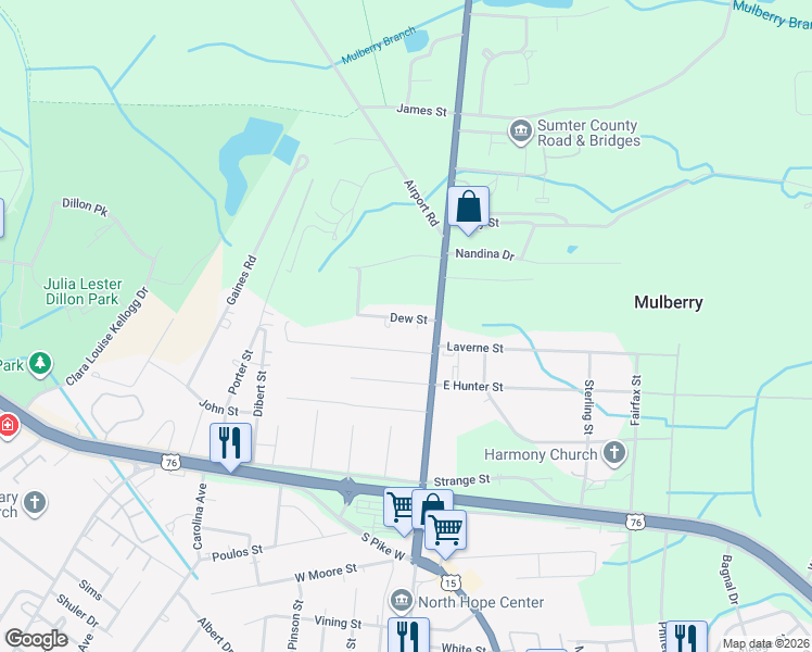 map of restaurants, bars, coffee shops, grocery stores, and more near 10 Dew Street in Sumter