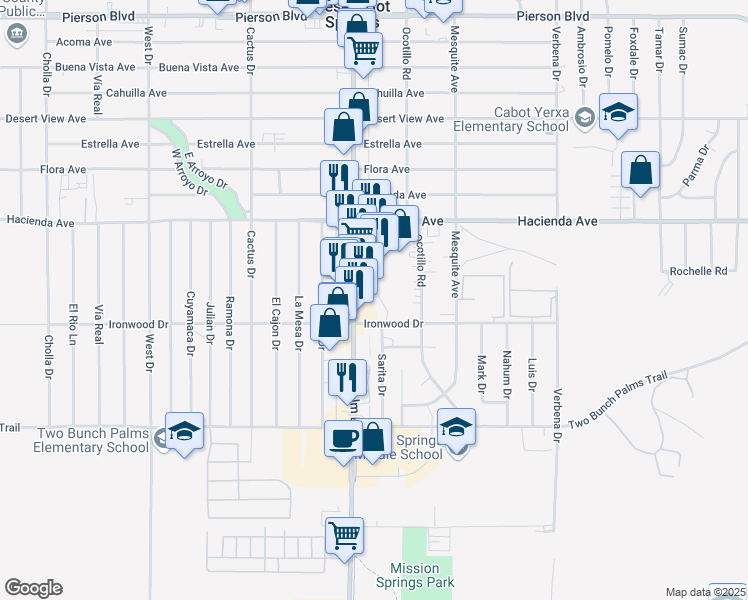 map of restaurants, bars, coffee shops, grocery stores, and more near 66550 Ironwood Drive in Desert Hot Springs