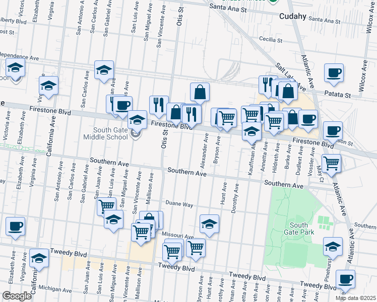 map of restaurants, bars, coffee shops, grocery stores, and more near 8966 Bowman Avenue in South Gate
