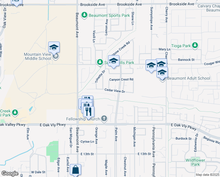 map of restaurants, bars, coffee shops, grocery stores, and more near 630 Cedar View Drive in Beaumont