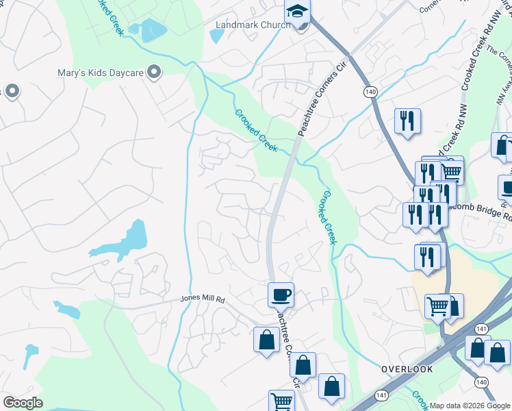 map of restaurants, bars, coffee shops, grocery stores, and more near 3500 Peachtree Corners Circle in Peachtree Corners