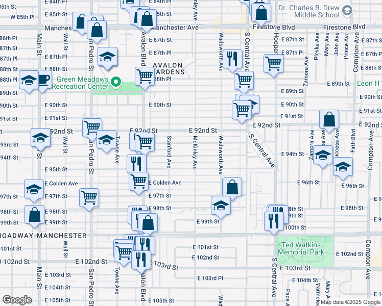 map of restaurants, bars, coffee shops, grocery stores, and more near 753 East 94th Street in Los Angeles