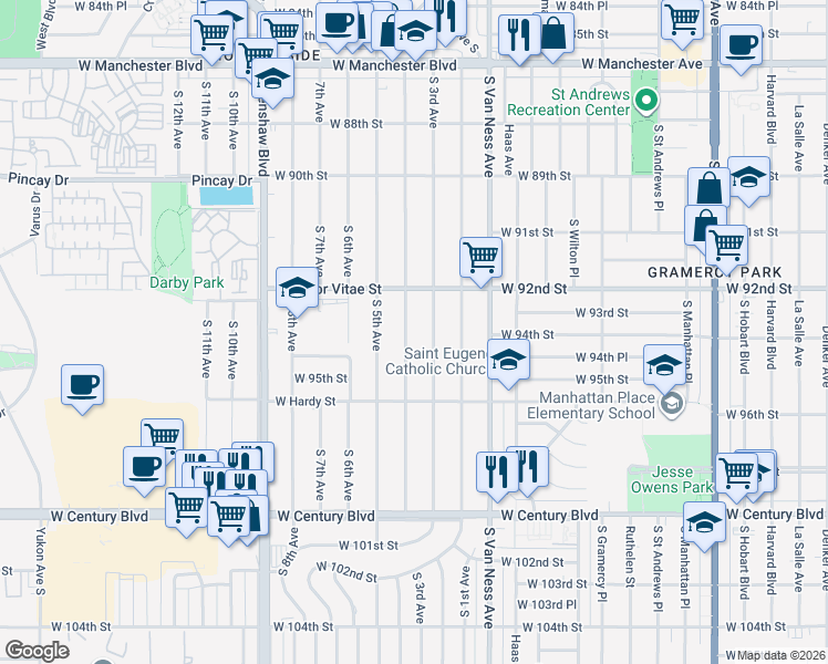 map of restaurants, bars, coffee shops, grocery stores, and more near 9400 South 4th Avenue in Inglewood