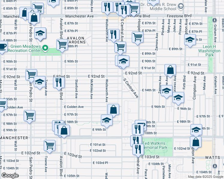 map of restaurants, bars, coffee shops, grocery stores, and more near 919 East 94th Street in Los Angeles