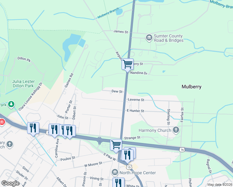 map of restaurants, bars, coffee shops, grocery stores, and more near 10 Dew Drive in Sumter