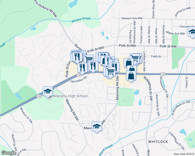 map of restaurants, bars, coffee shops, grocery stores, and more near 925 Whitlock Avenue Southwest in Marietta