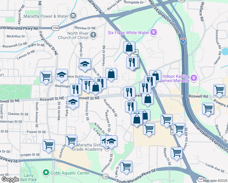 map of restaurants, bars, coffee shops, grocery stores, and more near 879 Roswell Street Northeast in Marietta