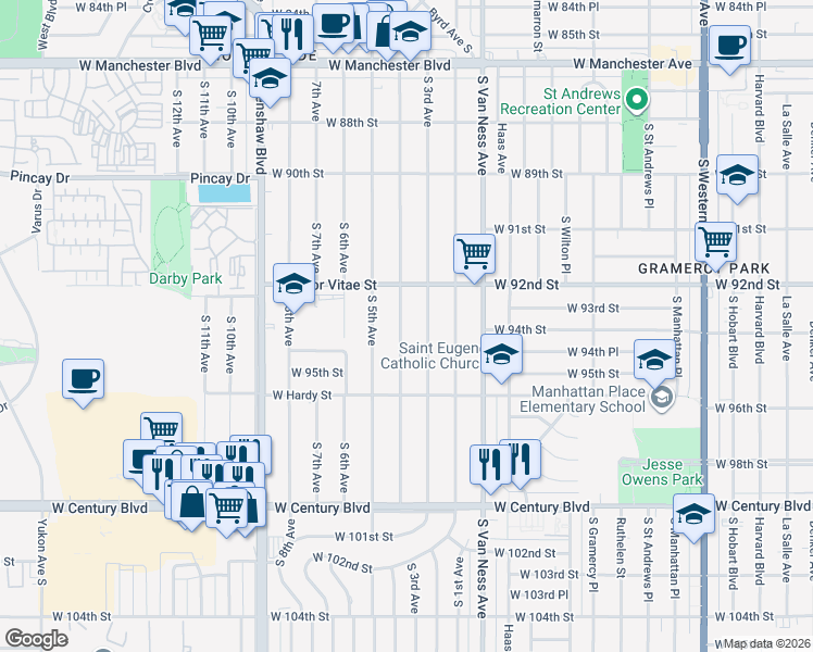 map of restaurants, bars, coffee shops, grocery stores, and more near 9400 South 4th Avenue in Inglewood