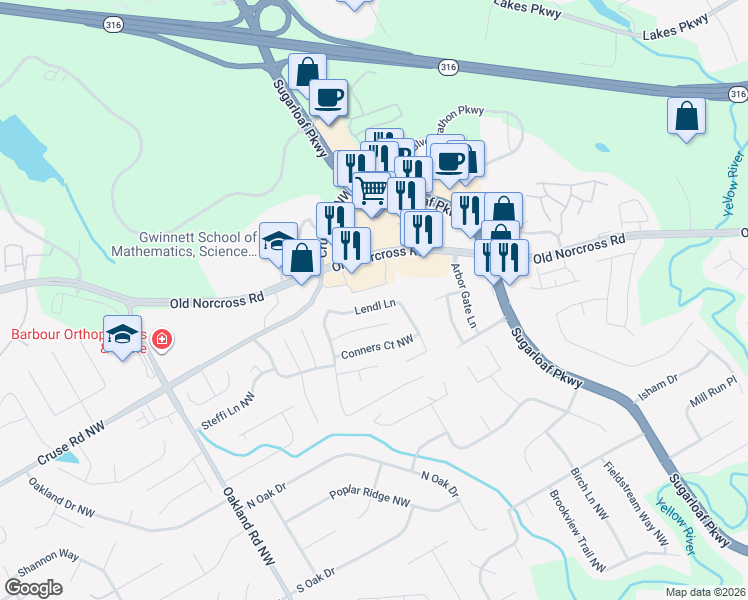 map of restaurants, bars, coffee shops, grocery stores, and more near 1030 Lendl Lane in Lawrenceville