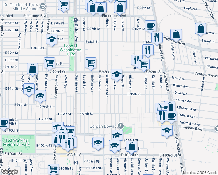 map of restaurants, bars, coffee shops, grocery stores, and more near 9412 Wilmington Avenue in Los Angeles