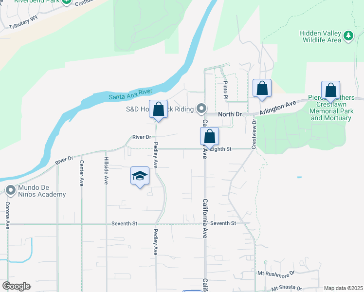 map of restaurants, bars, coffee shops, grocery stores, and more near 397 8th Street in Norco