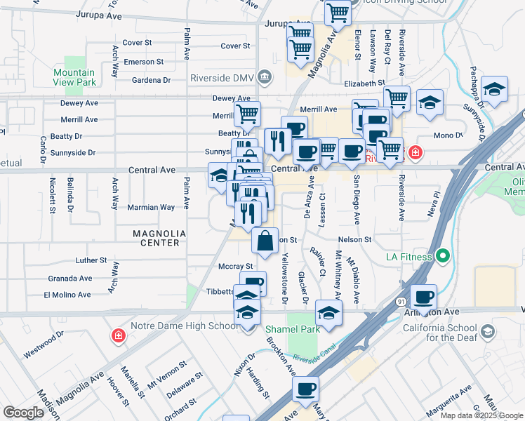 map of restaurants, bars, coffee shops, grocery stores, and more near 6735 Yellowstone Drive in Riverside