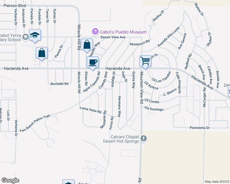 map of restaurants, bars, coffee shops, grocery stores, and more near Hidalgo Street in Desert Hot Springs
