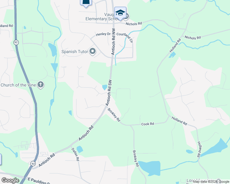 map of restaurants, bars, coffee shops, grocery stores, and more near 140 Antioch Road Southwest in Powder Springs