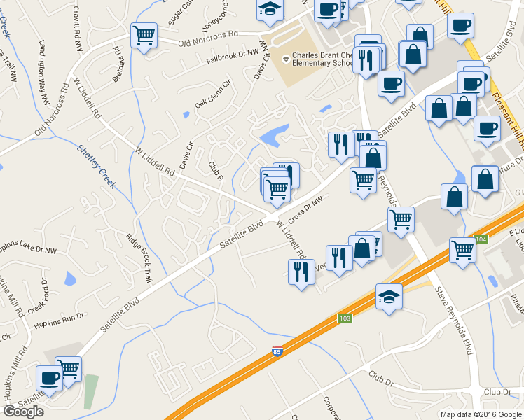 map of restaurants, bars, coffee shops, grocery stores, and more near 2120 W Liddell Rd in Duluth