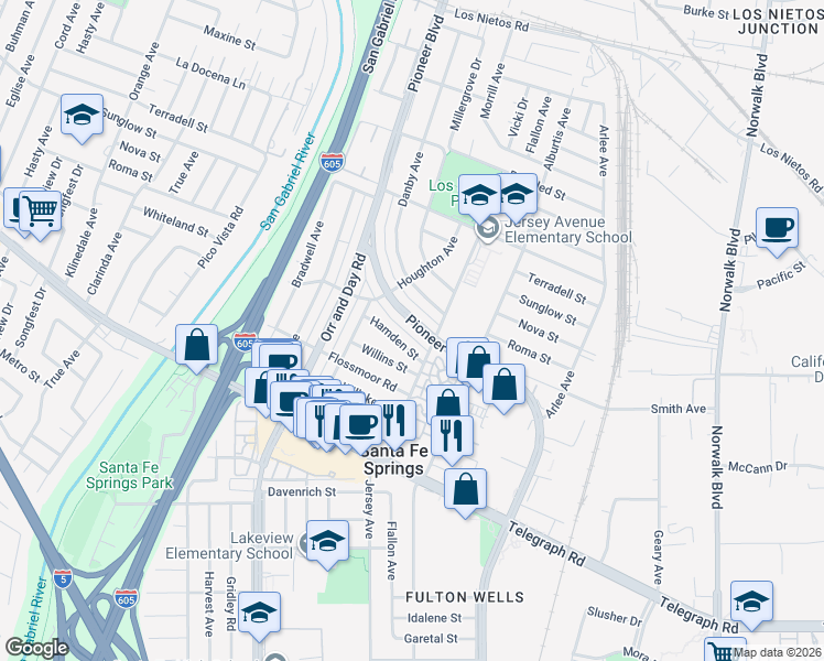 map of restaurants, bars, coffee shops, grocery stores, and more near 11565 Hamden Street in Santa Fe Springs