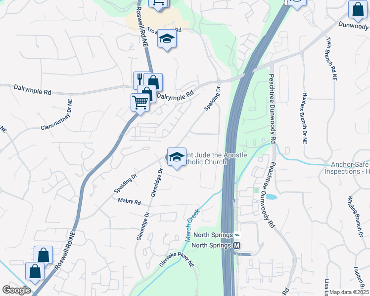 map of restaurants, bars, coffee shops, grocery stores, and more near 735 Spalding Drive in Atlanta