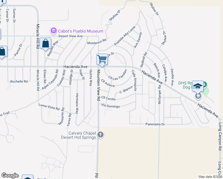 map of restaurants, bars, coffee shops, grocery stores, and more near 13396 Avenue Hermosa in Desert Hot Springs