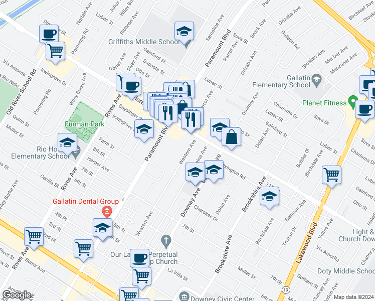 map of restaurants, bars, coffee shops, grocery stores, and more near 10247 La Reina Avenue in Downey