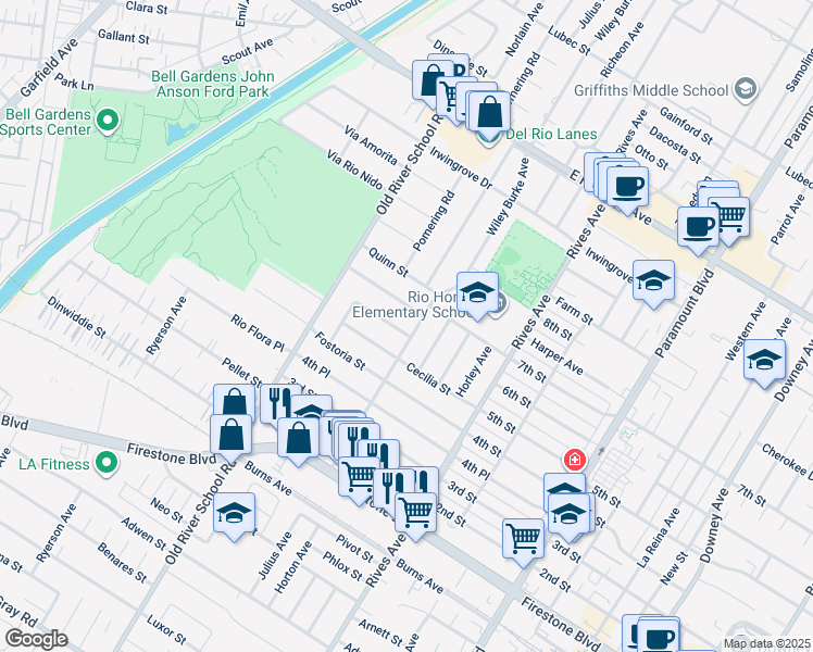 map of restaurants, bars, coffee shops, grocery stores, and more near 10632 Wiley Burke Avenue in Downey