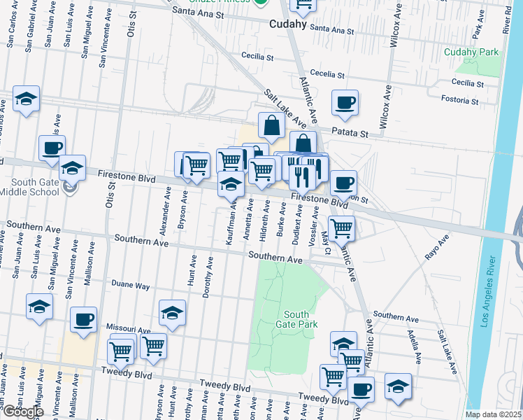 map of restaurants, bars, coffee shops, grocery stores, and more near 8946 Annetta Avenue in South Gate