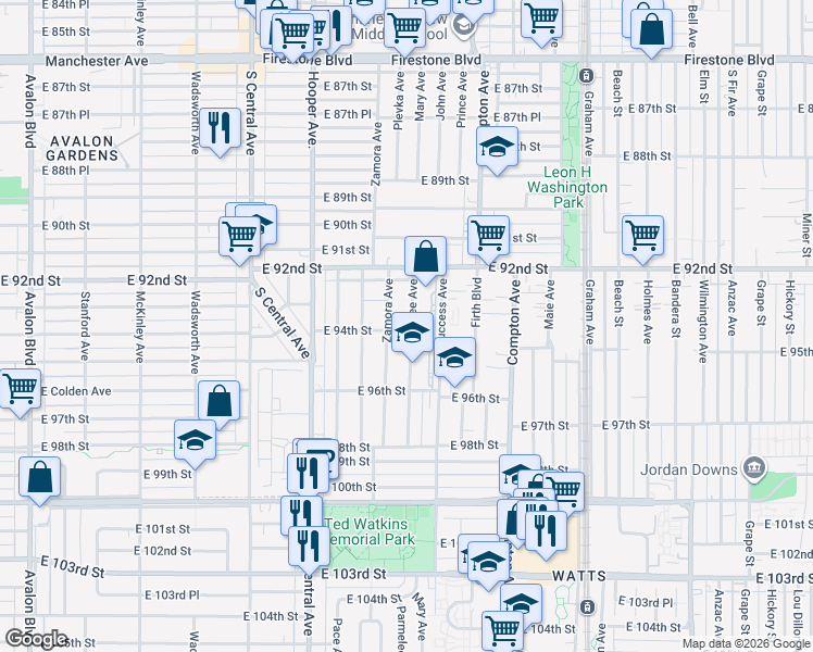 map of restaurants, bars, coffee shops, grocery stores, and more near 9404 Zamora Avenue in Los Angeles